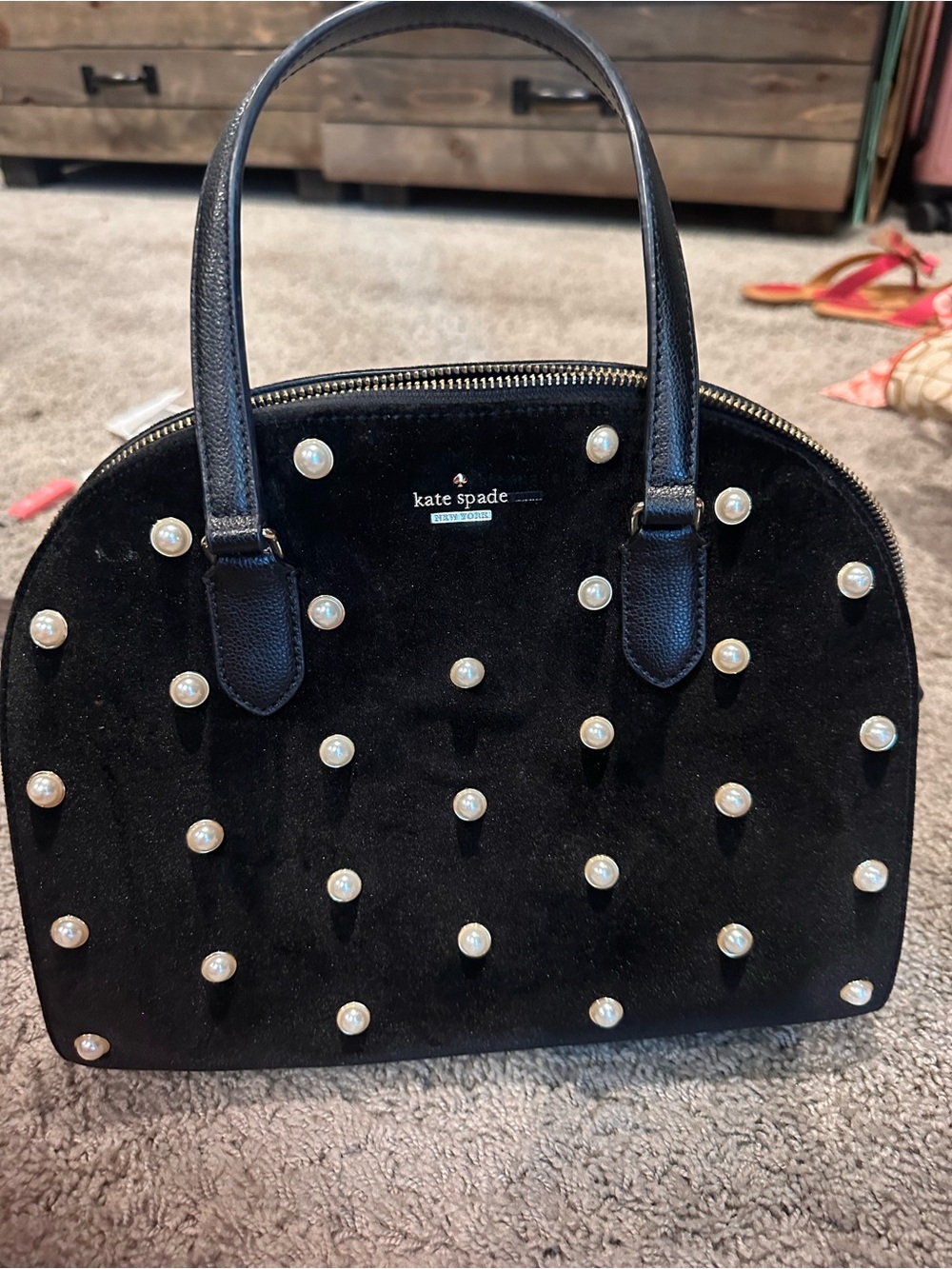 kate spade Black Suede Pearl-Studded Satchel